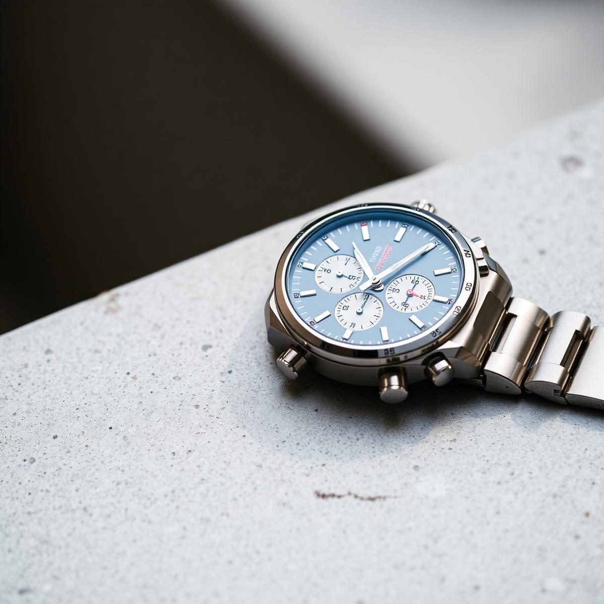 Steel sports chronograph on a stone surface