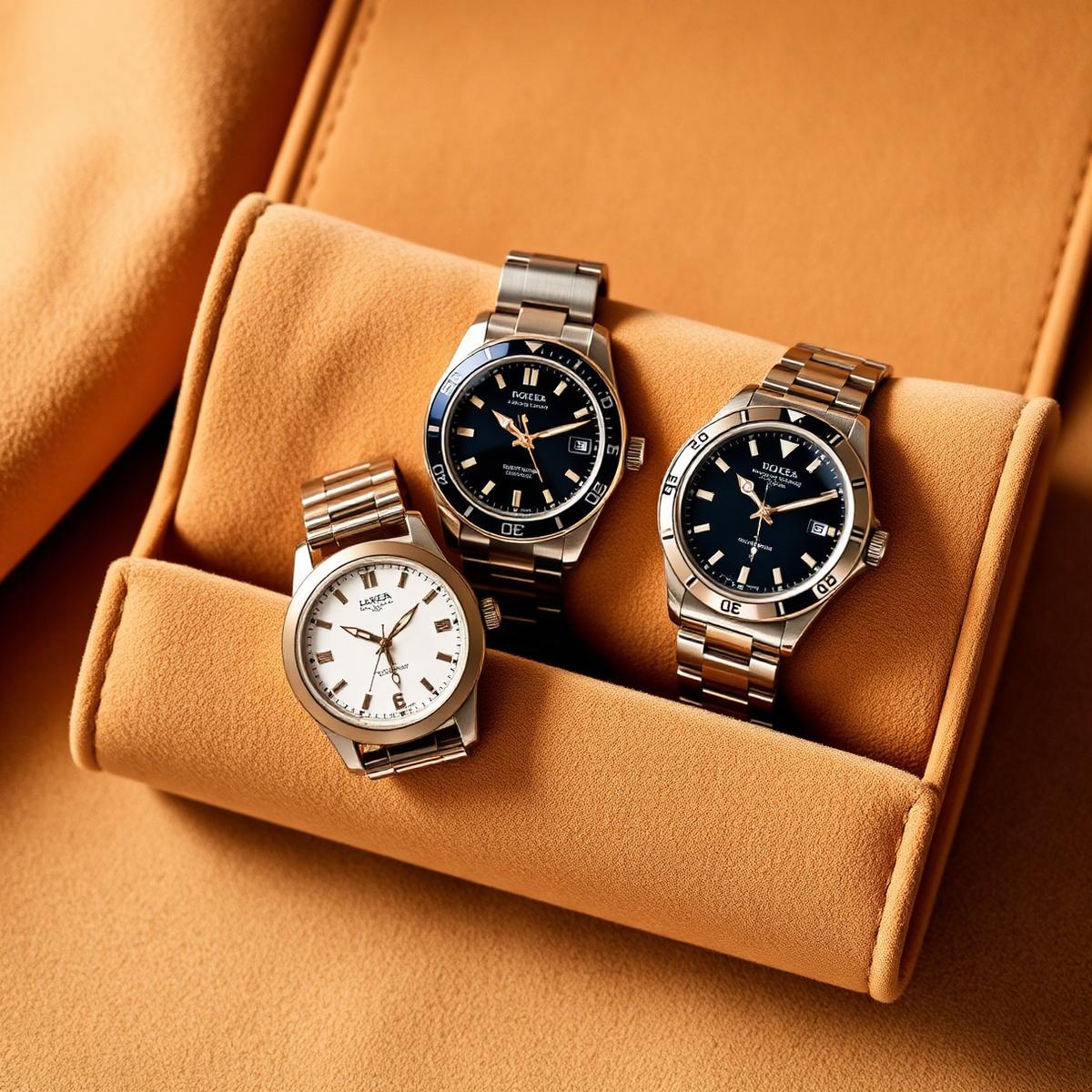 Three luxury watches in a suede travel roll
