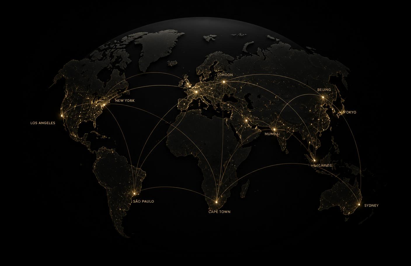 World map with lines connecting major cities